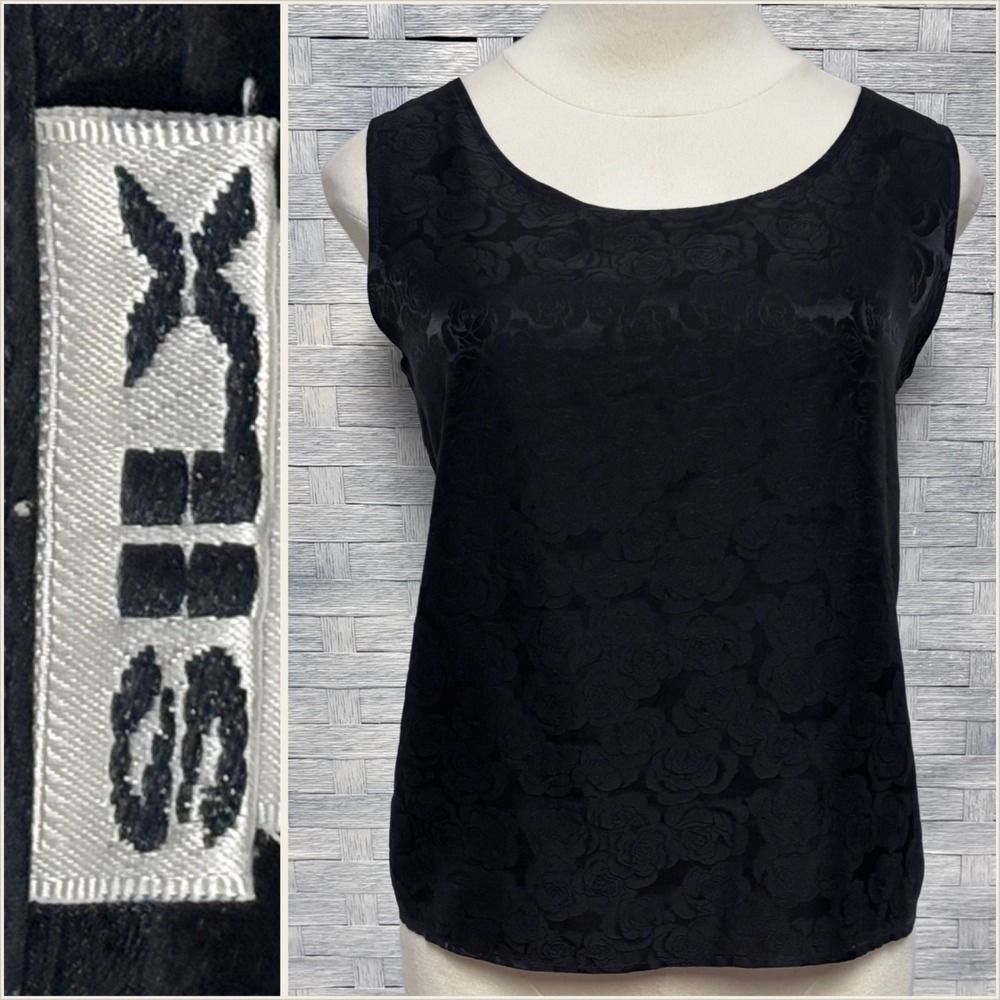 Vintage SILX‎ Top Small Black Sleeveless Floral Pattern 100% Silk